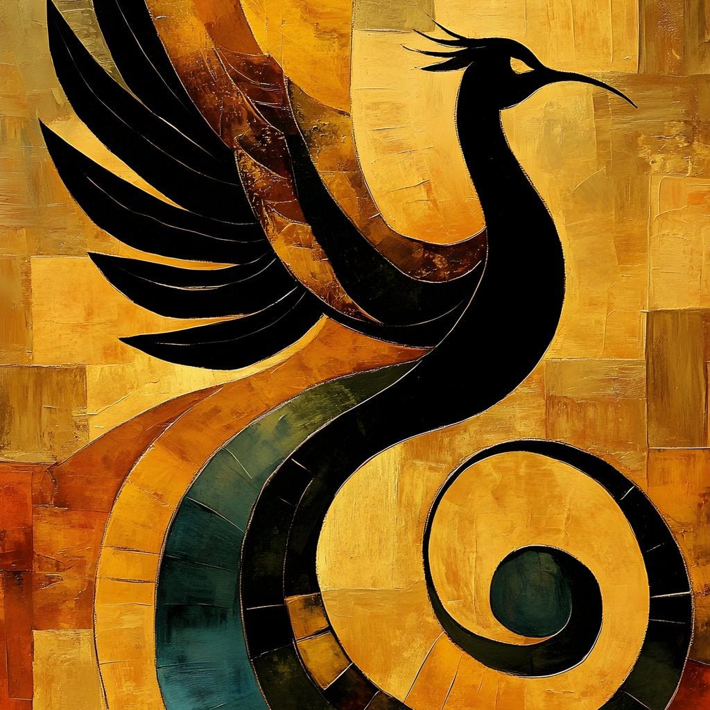 tablou canvas cu o pasare neagra stilizata pe fundal galben, rosu si portocaliu