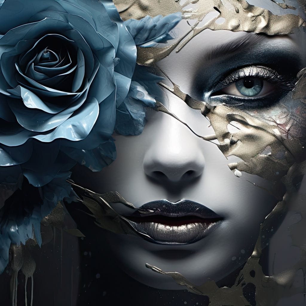 Tablou Canvas Premium, LuxCanva® G1202, Chip in Reconstructie, Cicatrici, Auriu, Albastru, Trandafir, Chip, Metamorfoza, Imposibil, Fisura, Poezie, Emotie, Gotic, Birou, Living, Dormitor