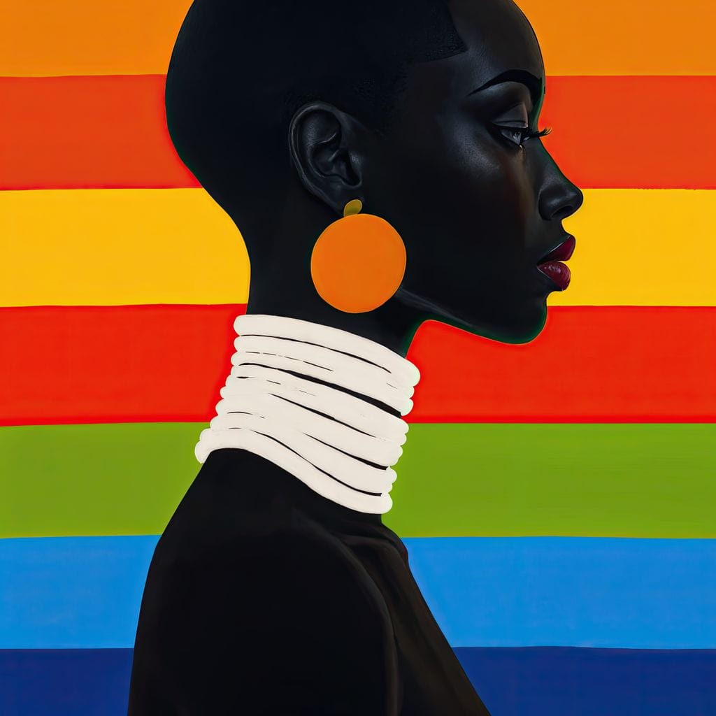 Tablou Canvas Premium, LuxCanva® G1132, Femeia Curcubeu, Afro, Modernism, Eleganta, Bijuterii, Curcubeu, Stilizat, Profil, Colier, Cercei, Colorat, Frumos, Birou, Living