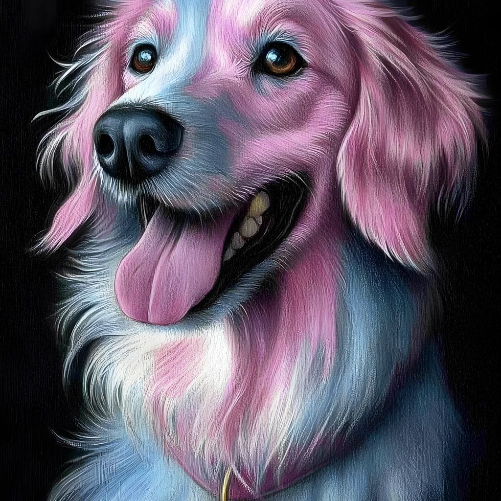 tablou canvas cu un labrador cu blanita in nuante de roz si albastru pastelat, purtand o zgarda aurie pe fundal inchis