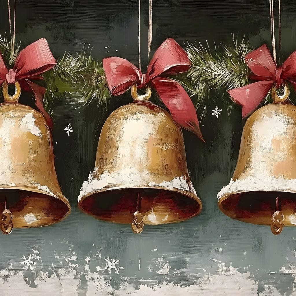 Tablou Canvas Premium, LuxCanva® D1084, Ecoul Sarbatorilor, Clopote, Craciun, Auriu, Rosu, Fructe, Brad, Verde, Magie, Sunet, Ramuri, Traditie, Bucurie, Decembrie, Feeric, Camera Copil, Living, Dormitor