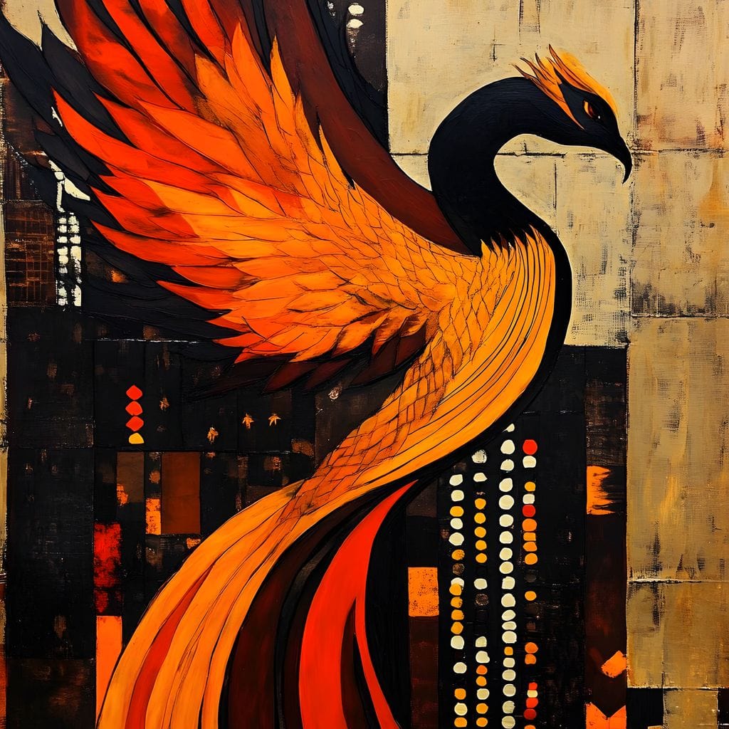 tablou canvas cu o pasare Phoenix in zbor pe fundal abstract rosu, portocaliu si galben