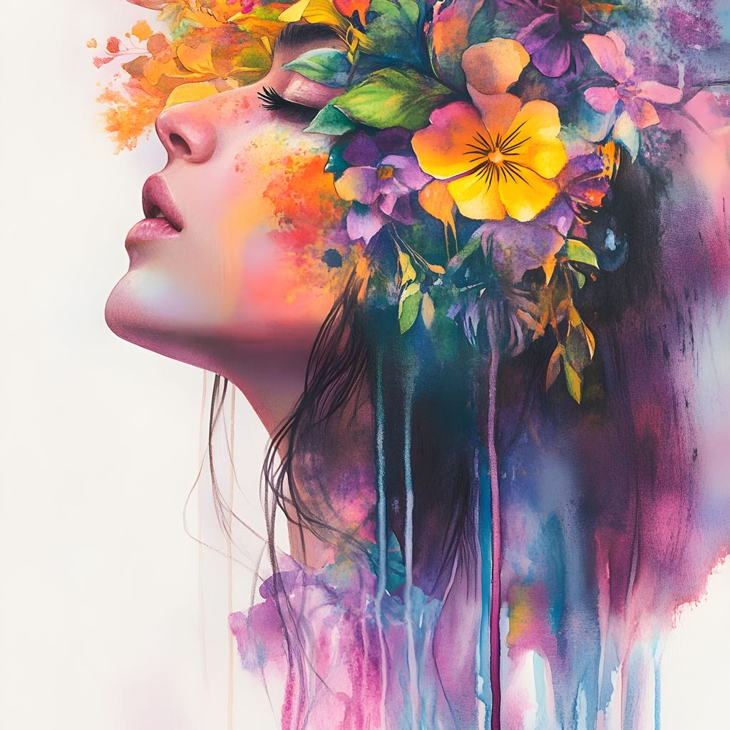 Tablou Canvas Premium, LuxCanva® G1136, Gradina Sufletului, Feminitate, Flori, Natura, Prospetime, Arta, Visare, Magie, Culoare, Mister, Pastel, Buchet, Profil, Birou, Living