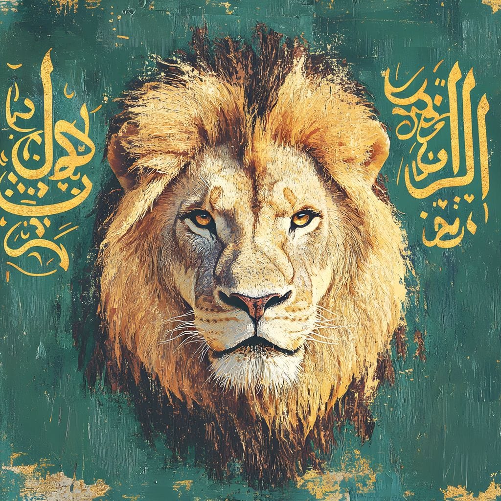 tablou canvas cu un cap de leu pictat in nuante calde, pe fundal verde cu simboluri aurii