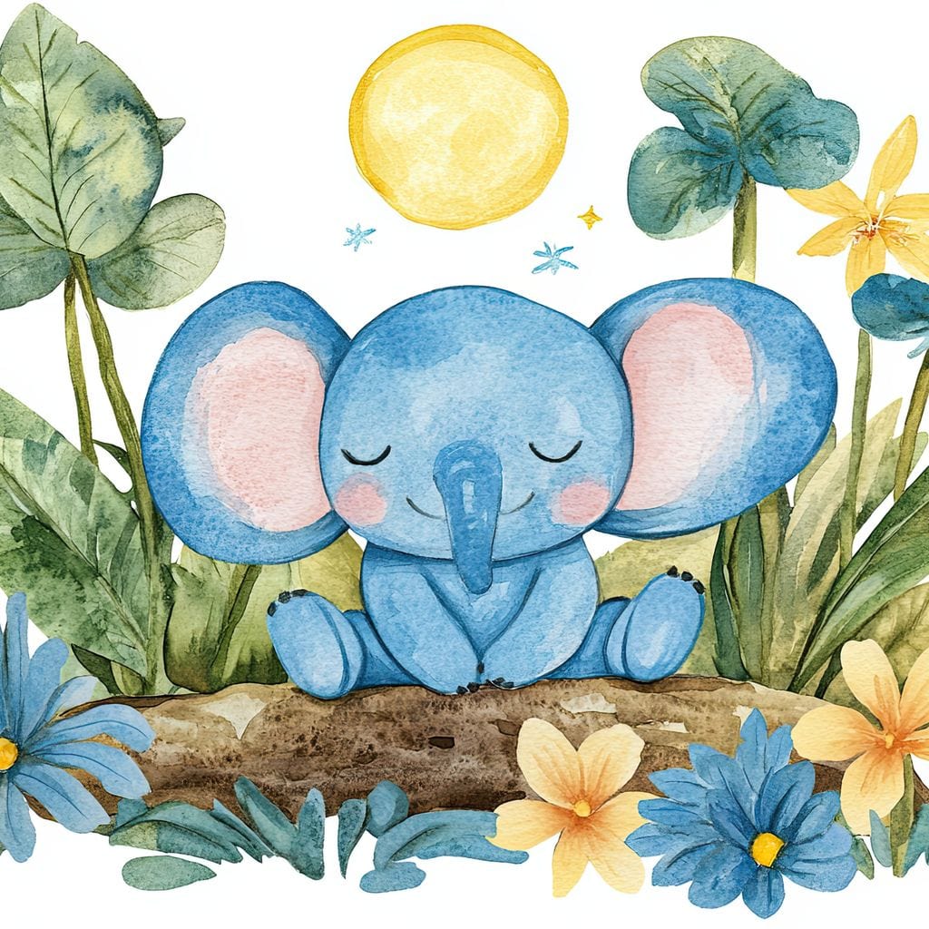 Tablou Canvas Premium, LuxCanva® K1024, Elefantelul Adormit, Somn, Vis, Pui, Gradina, Fermecata, Liniste, Soare, Bebelus, Cresa, Gradinita, Albastru, Safari, Jungla, Camera Copii