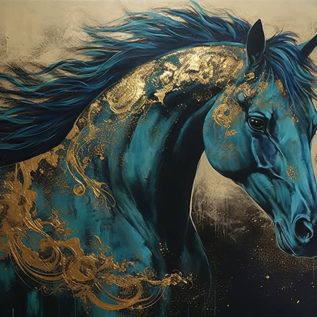 tablou canvas cu un cal albastru pictat cu detalii aurii, pe fundal abstract auriu si negru