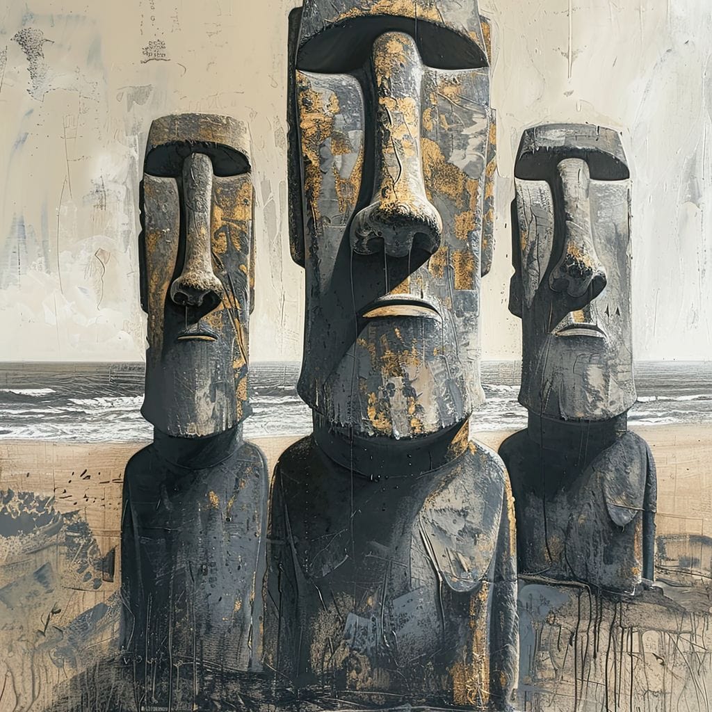 Tablou Canvas Premium, LuxCanva® O1056, Misterele Insulei Pastelui, Gardian, Tacere, Moai, Strajer, Chipuri, Tacere, Piatra, Chile, Civilizatie, Pierdut, Statui, Pacific, Cultura, Birou, Living, Dormitor