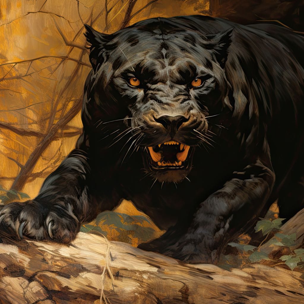 tablou canvas cu o pantera neagra in moment de vanatoare, pe fundal de padure in nuante calde