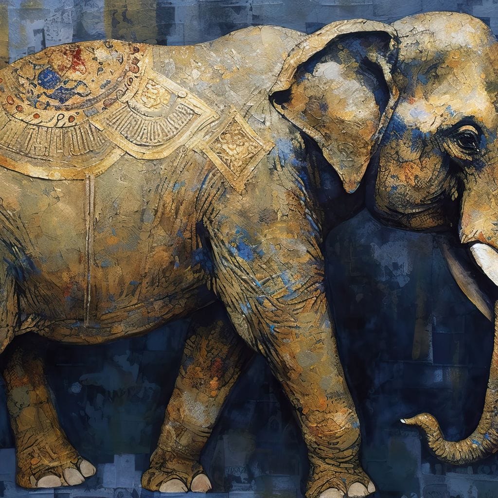 tablou canvas cu un elefant decorat in stil oriental, redat din profil intr-o paleta de tonuri pamantii si albastre, pe funda