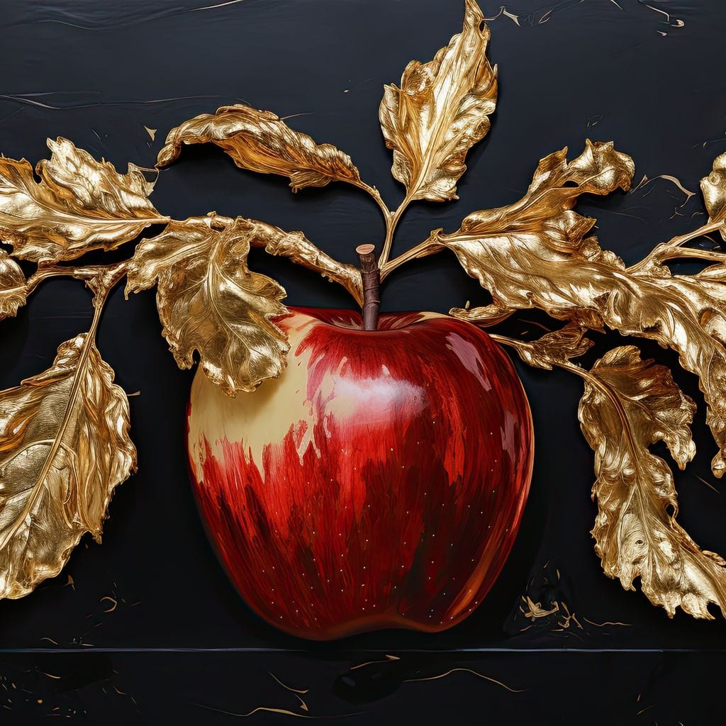 tablou canvas cu un mar rosu cu frunze aurii pe fundal negru cu accente aurii