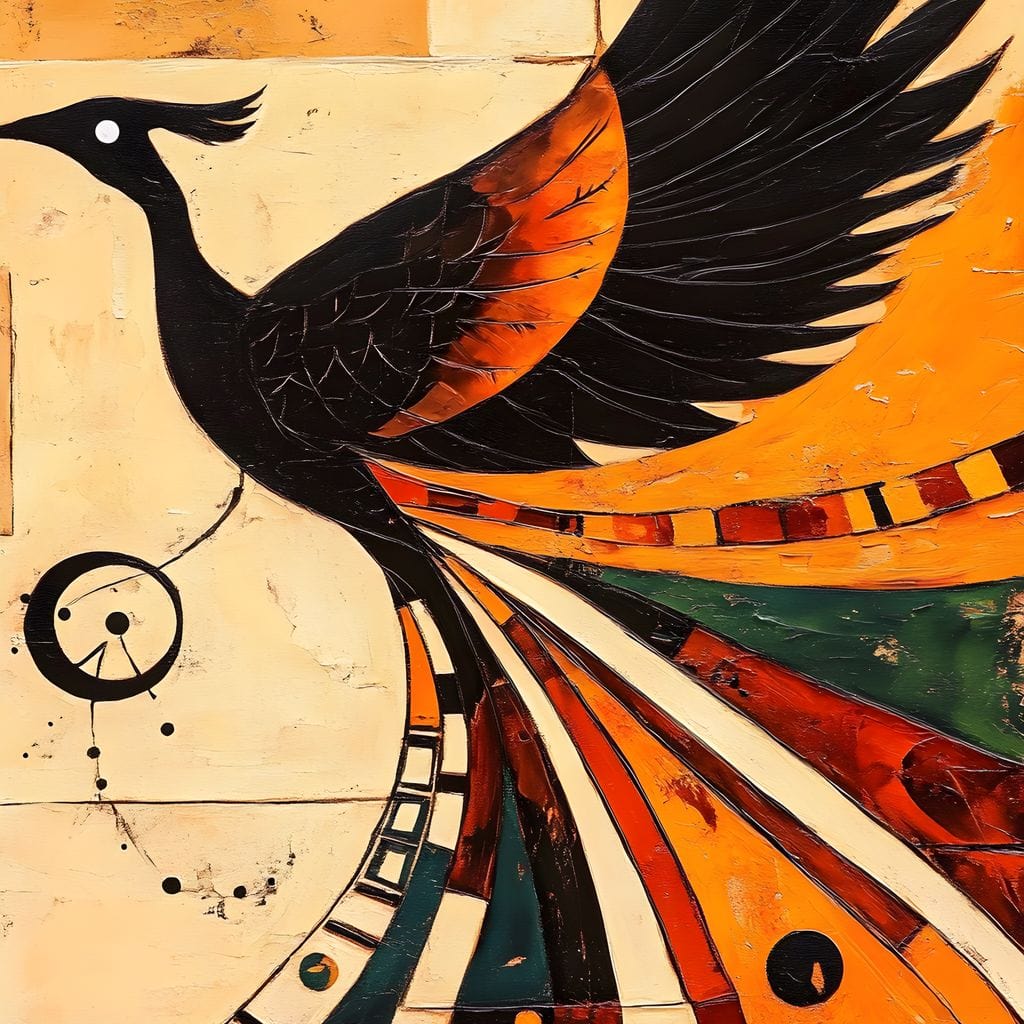 tablou canvas cu o pasare Phoenix in zbor, redata in forme geometrice si culori vii pe fundal abstract