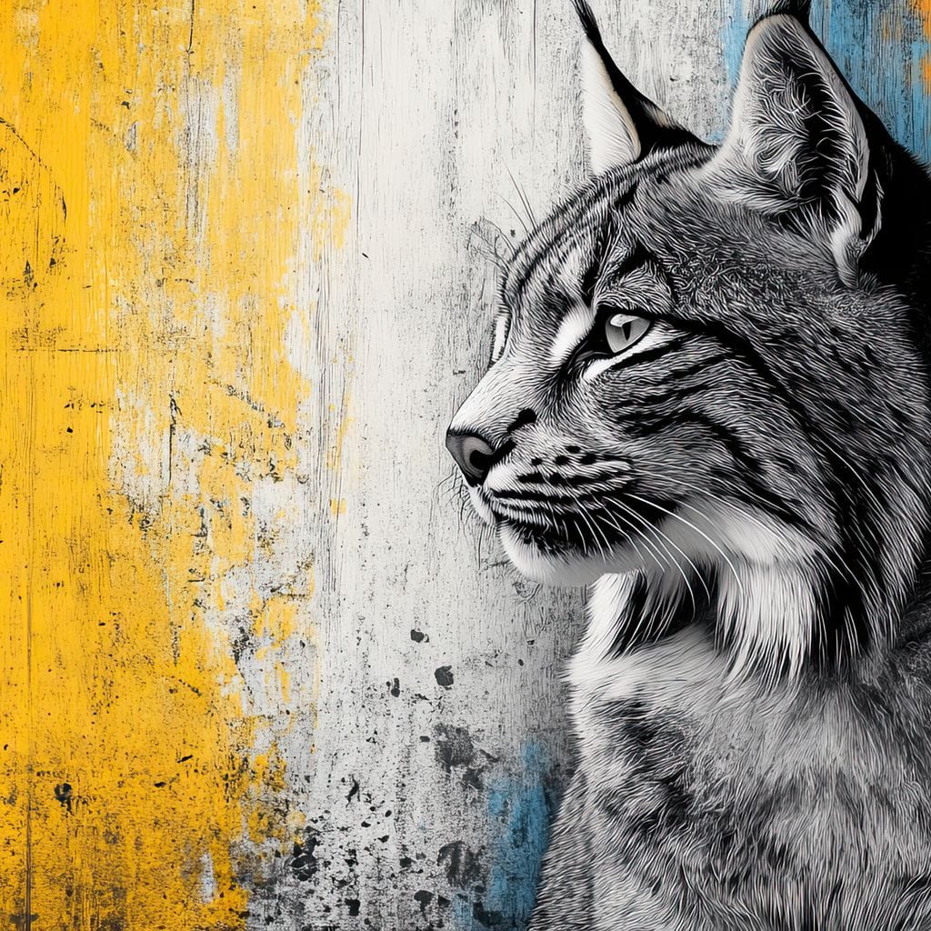 tablou canvas cu o pisica salbatica surprins din profil, in tonuri de gri intens, pe fundal urban din lemn colorat in degrade galben, albastru si rosu