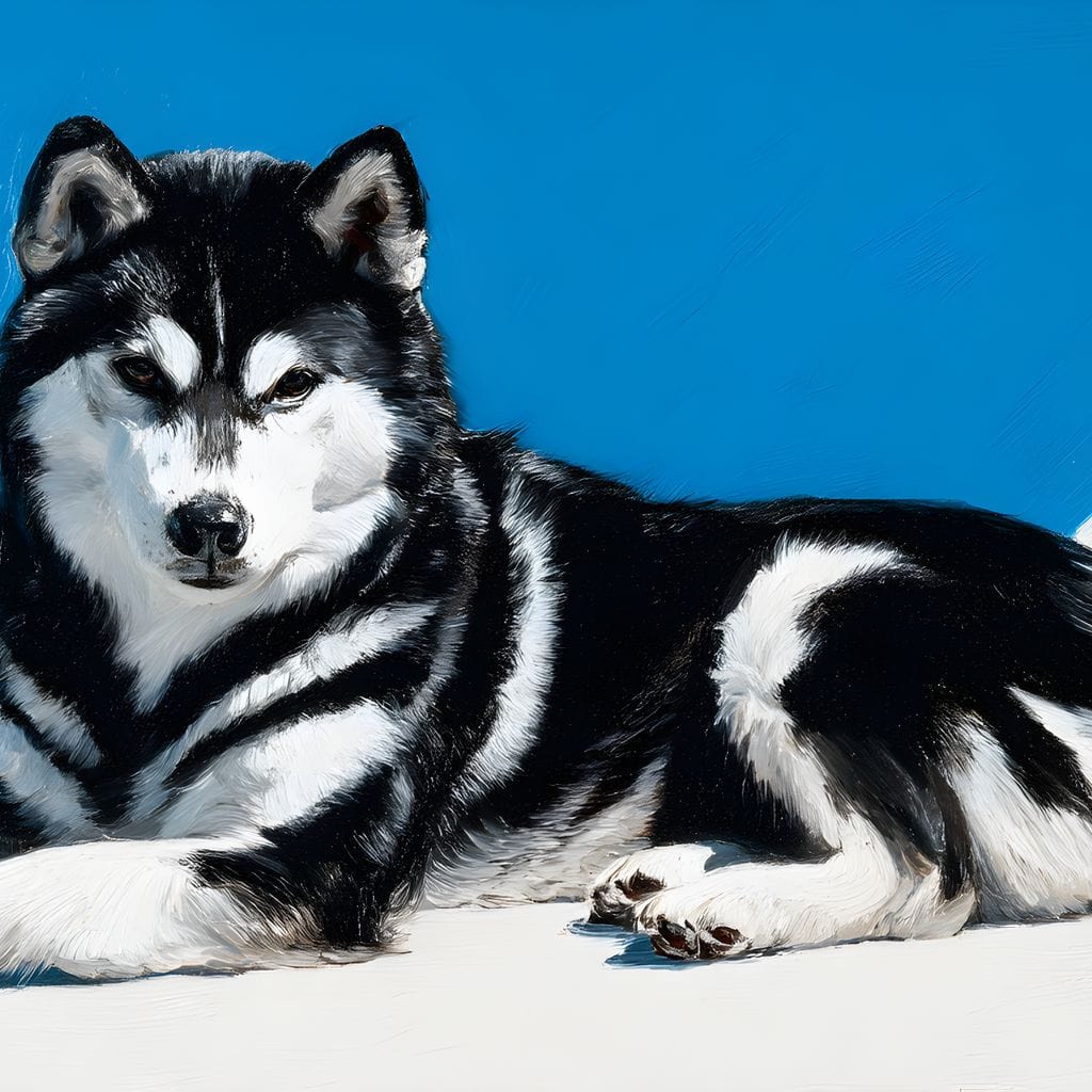 tablou canvas cu un caine husky alb si negru, stand relaxat, pictat pe fundal alb si albastru, cu accente moderne