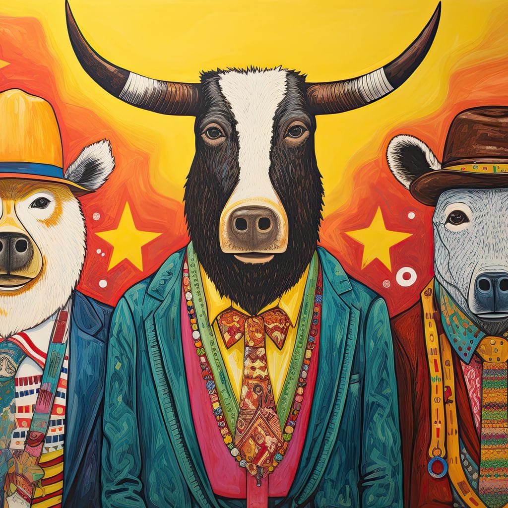 Tablou Canvas Premium, LuxCanva® K1009, Banditii in Costume, Blana, Vedete, Coarne, Costum, Gasca, Urs, Vaca, Bou, Stilizati, Personaje, Pop-Art, Ludic, Prietenie, Camera Copii