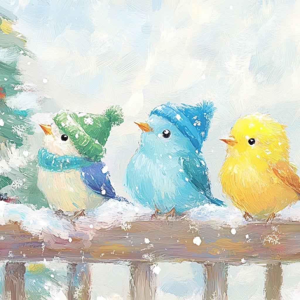 Tablou Canvas Premium LuxCanva® D1044, Pasarele in Straie de Iarna , Vrabiute, Iernatica, Veselie, Cantec, Prietenie, Living Room, Culori vibrante