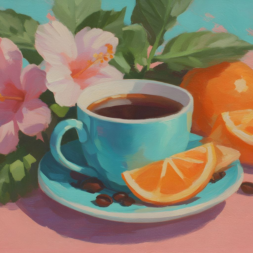 tablou canvas cu o ceasca de cafea, boabe de cafea, portocale si flori pictate in nuante pastelate