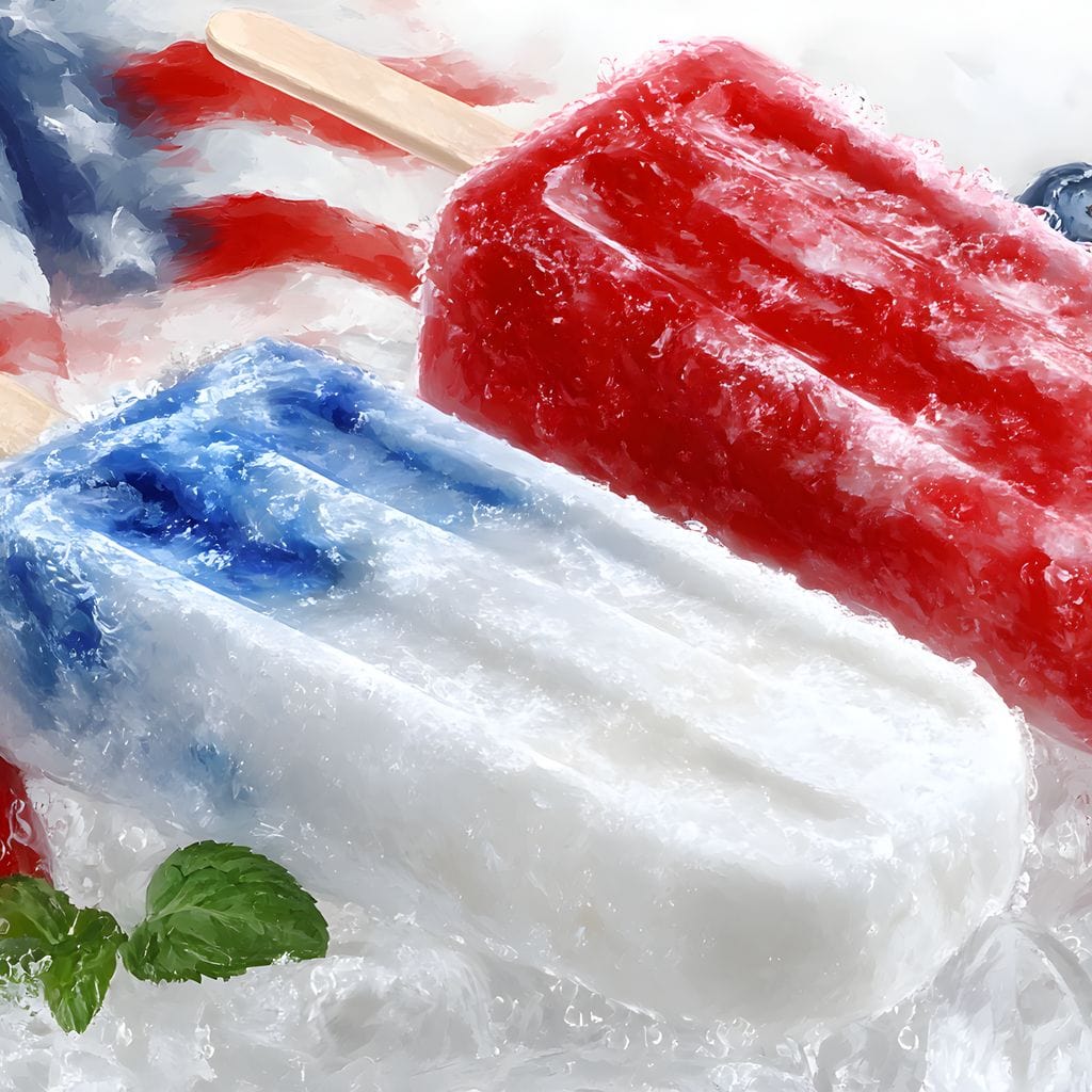 tablou canvas cu doua inghetate, printre afine si capsuni, pe fundal deschis cu steagul Americii