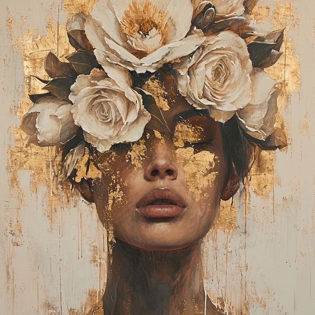 Tablou Canvas Premium LuxCanva® G1020, Metamorfoza Feminitatii , Visare, Flori, Misterioasa, Gold, Suflet, Ganduri, Portret, Living, Dormitor, Culori vibrante