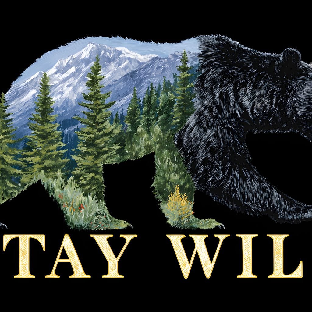 tablou canvas cu silueta unui urs, cuprinsa de un peisaj montan cu brazi si un text motivational, pe fundal negru