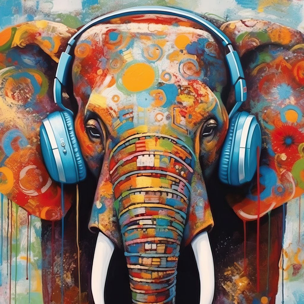 Tablou Canvas Premium, LuxCanva® M1312, Melodia Savanei, Funky, Ritm, Muzica, Elefant, Casti, Abstract, Pictura, Graffiti, Urban, Tribal, Colorat, Modern, Urban, Birou, Living, Camera Copil