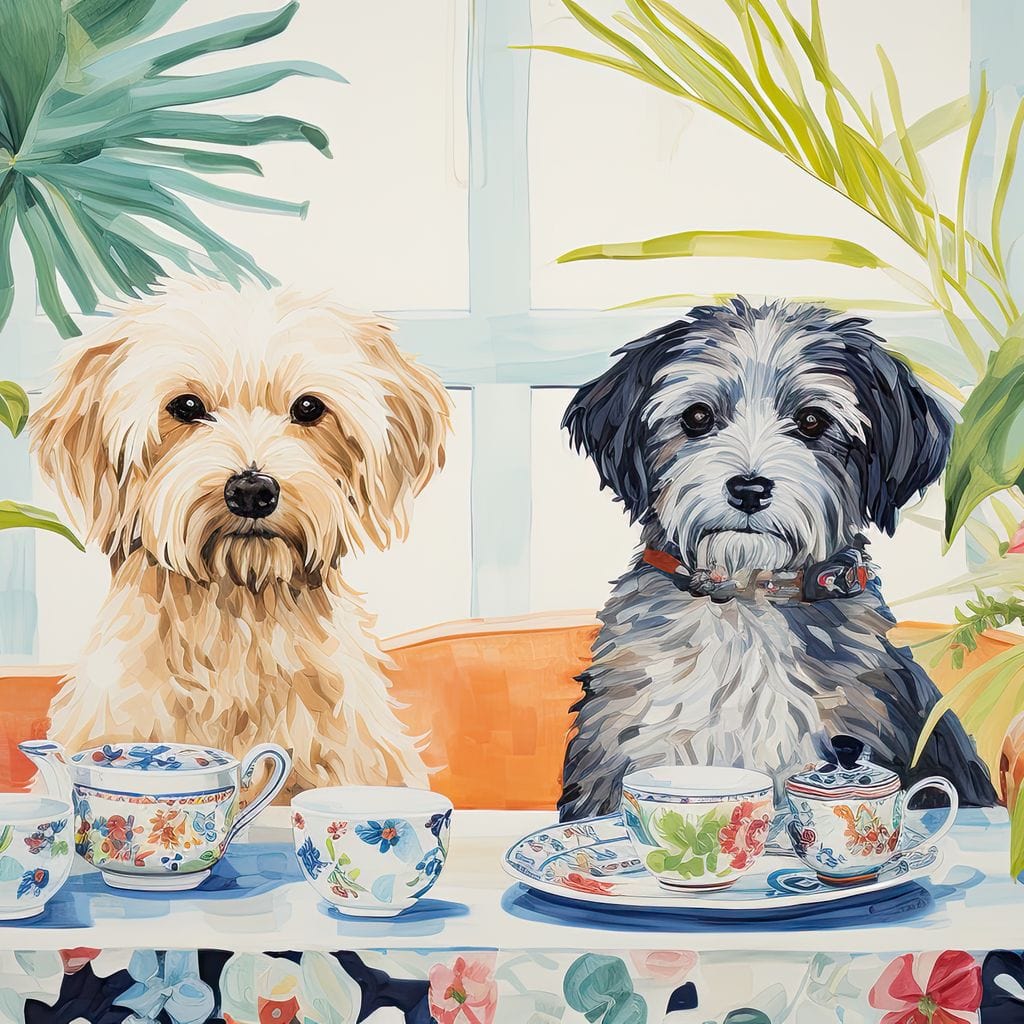 tablou canvas cu doi catelusi servind un ceai, inconjurati de plante tropicale si vesela ornamentala, pe fundal luminos