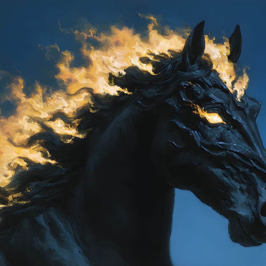 tablou canvas cu un cal negru cu coama in flacari, in galop pe fundal albastru