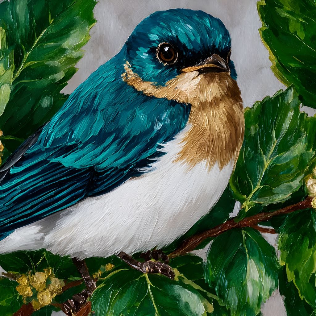 tablou canvas cu o pasare cu penaj turcoaz si cafeniu, pe o ramura cu frunze verzi lucioase si muguri galbeni