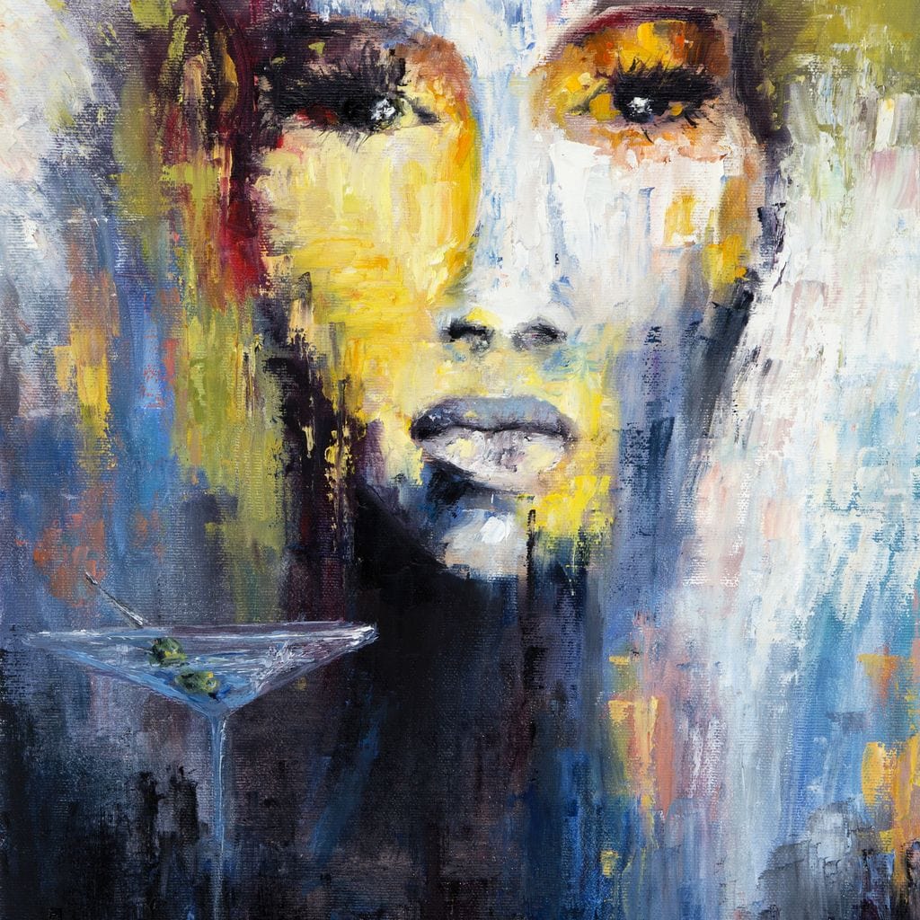 Tablou Canvas Premium, LuxCanva® G1084, Femeia cu Martini, Bautura, Pahar, Retaurant, Cocktail, Enigmatica, Abstract, Petrecere, Living, Dormitor