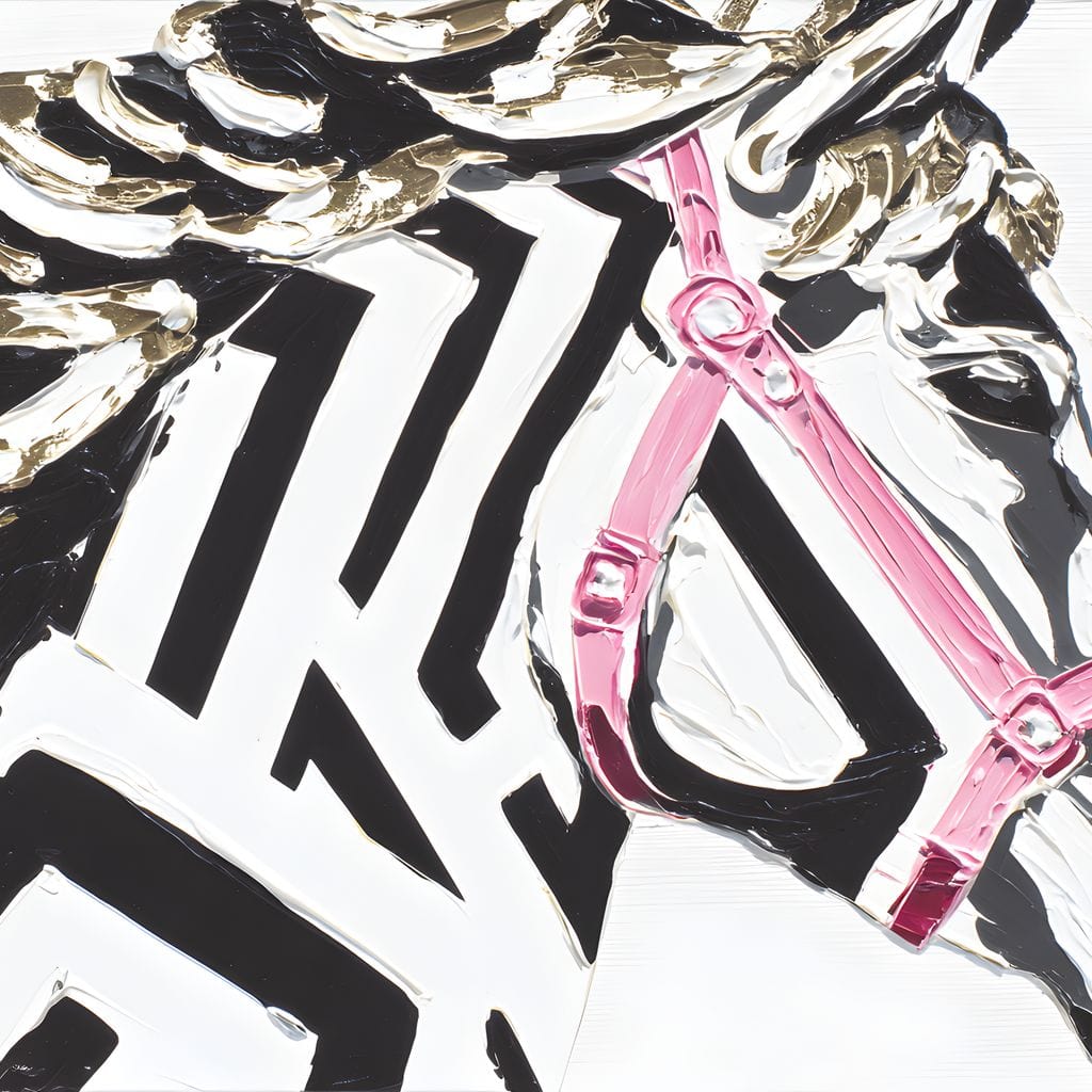 tablou canvas cu un cal pictat in dungi albe si negre, cu coama neagra cu accente aurii si un ham roz