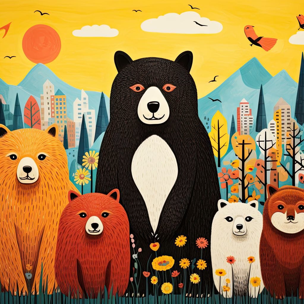 Tablou Canvas Premium, LuxCanva® K1007, Familia de Ursuleti, Padure, Munte, Oras, Prieteni, Poiana, Magica, Decor, Veselie, Prietenie, Caldura, Natura, Barlog, Camera Copii