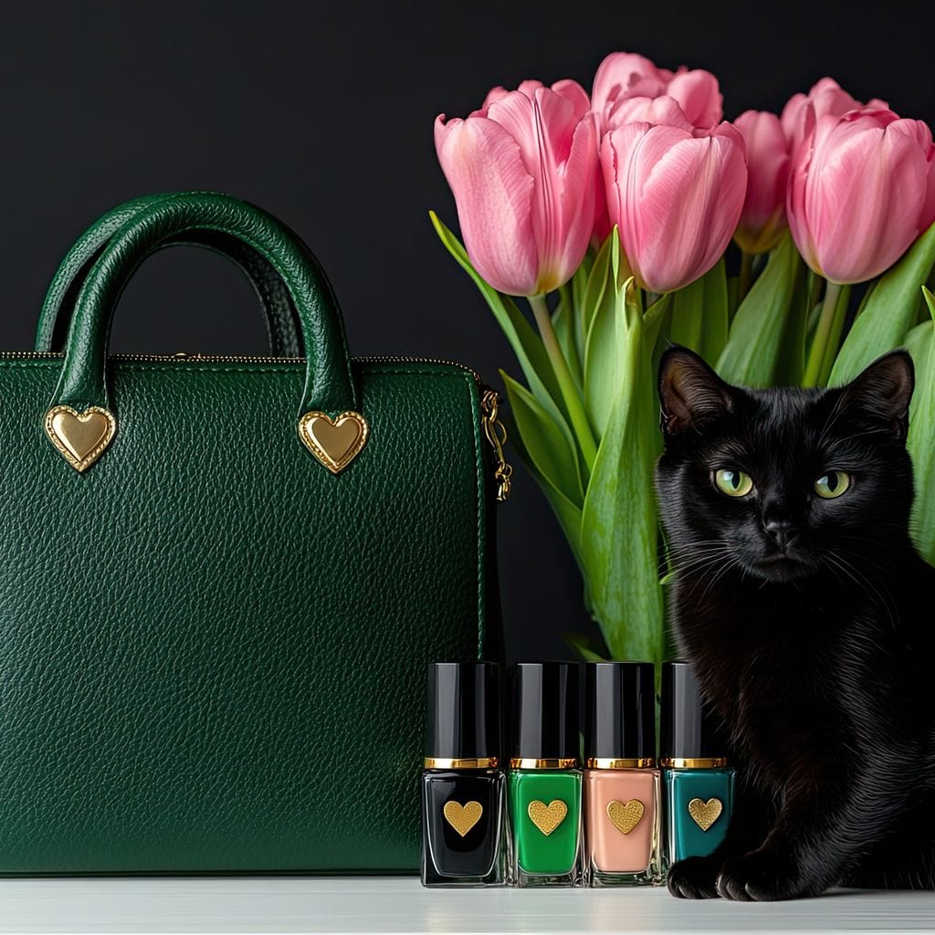 tablou canvas cu o pisica neagra langa o geanta verde smarald si sticlute de oja, pe fundal negru cu un buchet de lalele roz