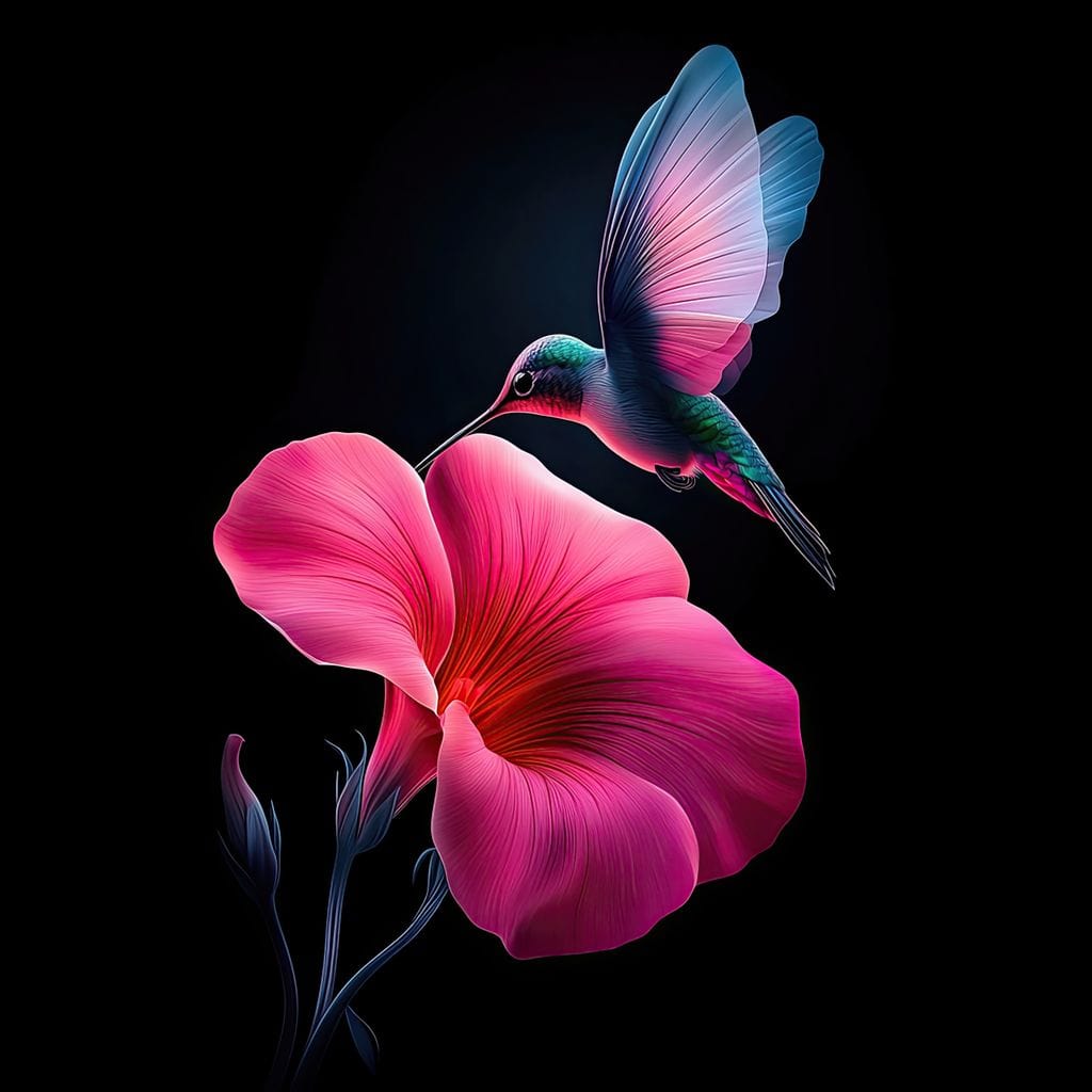 tablou canvas cu o pasare colibri in zbor langa o floare roz intens pe fundal negru