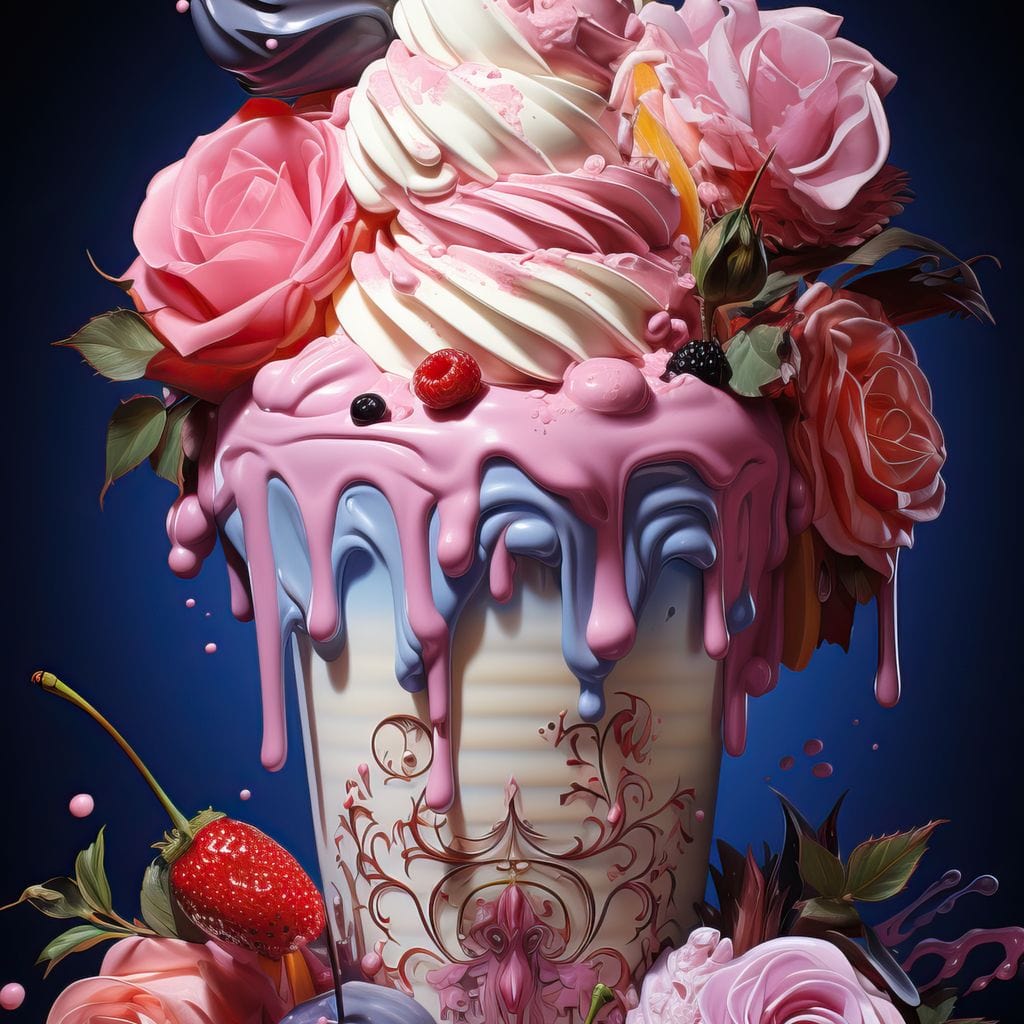 tablou canvas cu un pahar cu inghetata glazurata, bezele cu fructe si trandafiri roz