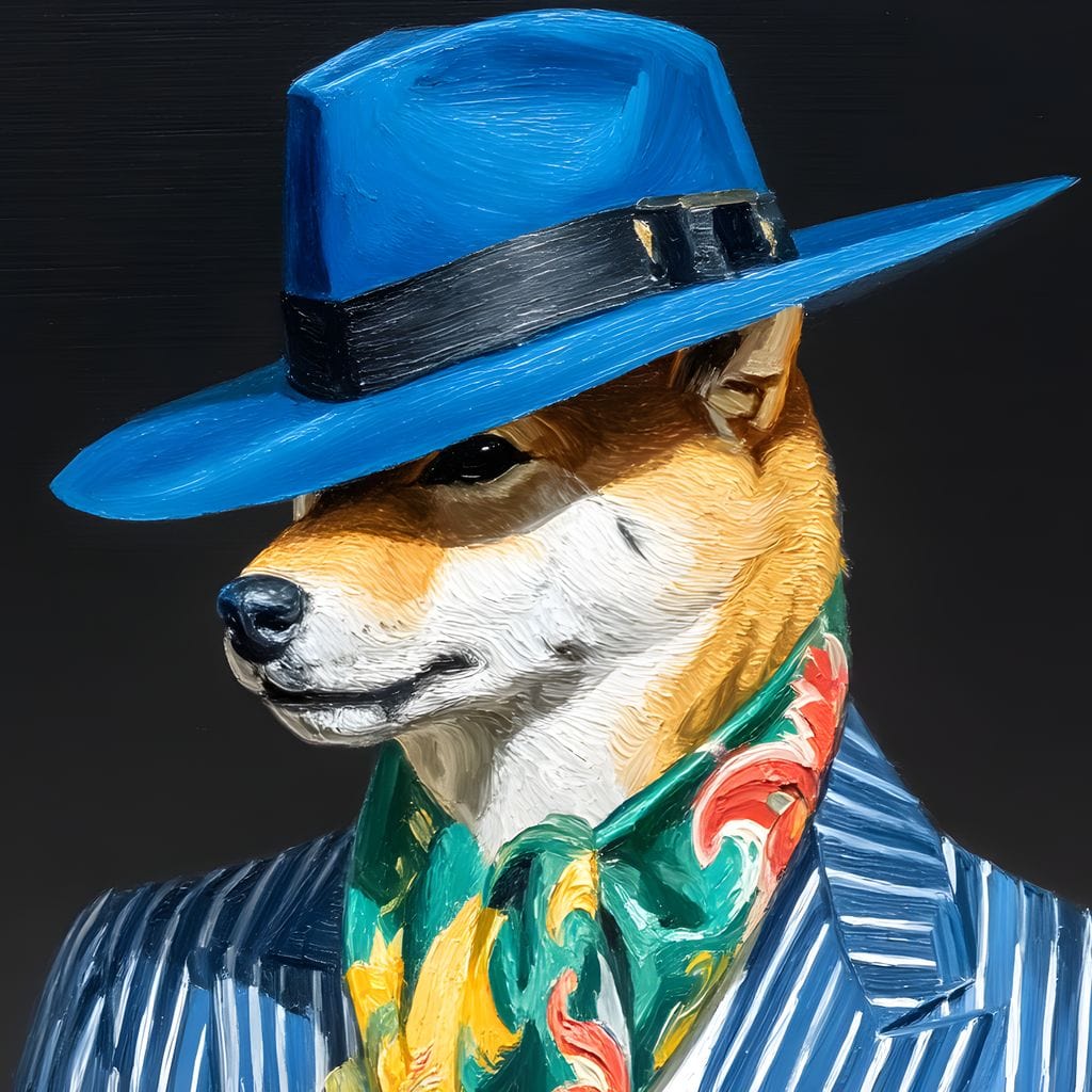 tablou canvas cu un caine imbracat elegant la costum in dungi, cu esarfa verde si palarie albastra, pe fundal negru