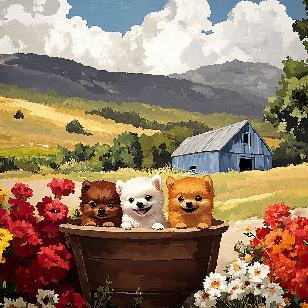 tablou canvas cu trei catelusi intr-un butoias de lemn in mijlocul unei gradini inflorite, pe fundal de dealuri aurii si un h