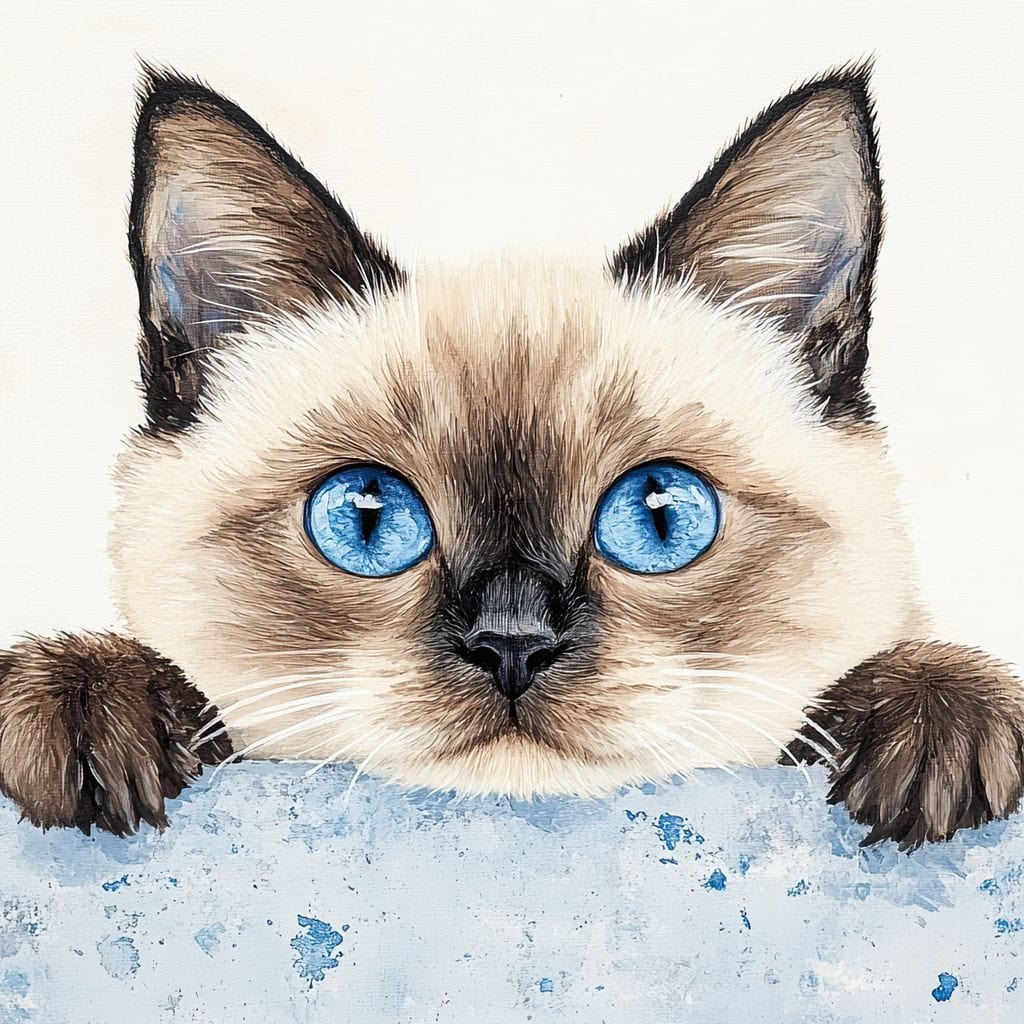 tablou canvas cu o pisica siameza cu ochi albastri, pe fundal deschis si simplist