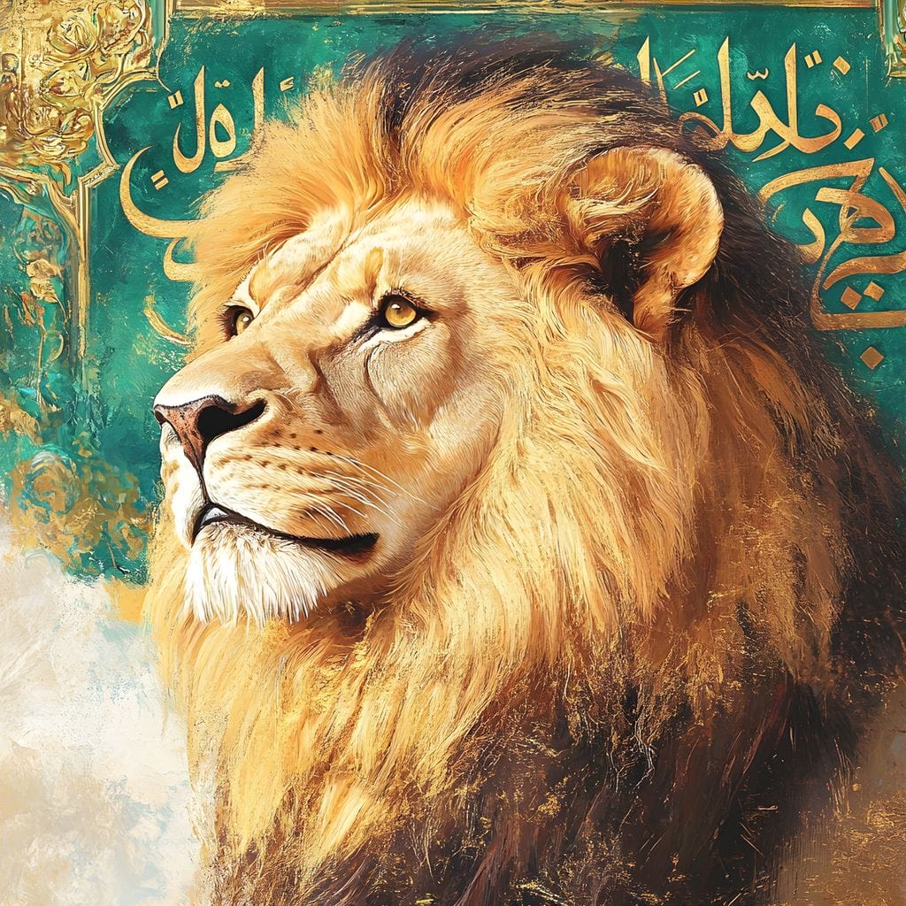 tablou canvas cu un leu surprins din profil in culori calde, pe fundal ornamental verde cu detalii si simboluri aurii