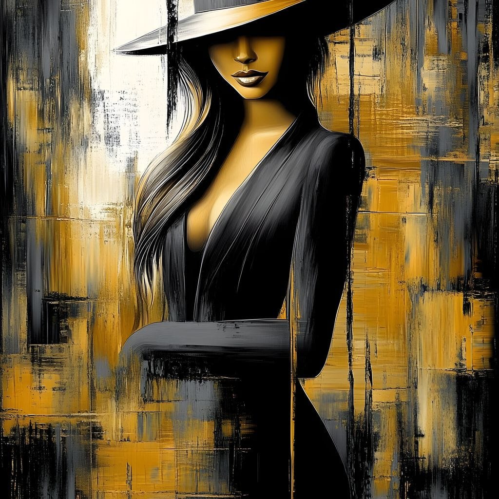 Tablou Canvas Premium, LuxCanva® G1173, Trecatoare prin Lumina, Oras, Necunoscuta, Boruri, Palarie, Silueta, Feminina, Auriu, Conceptual, Estetica, Cinematografic, Birou, Living, Dormitor