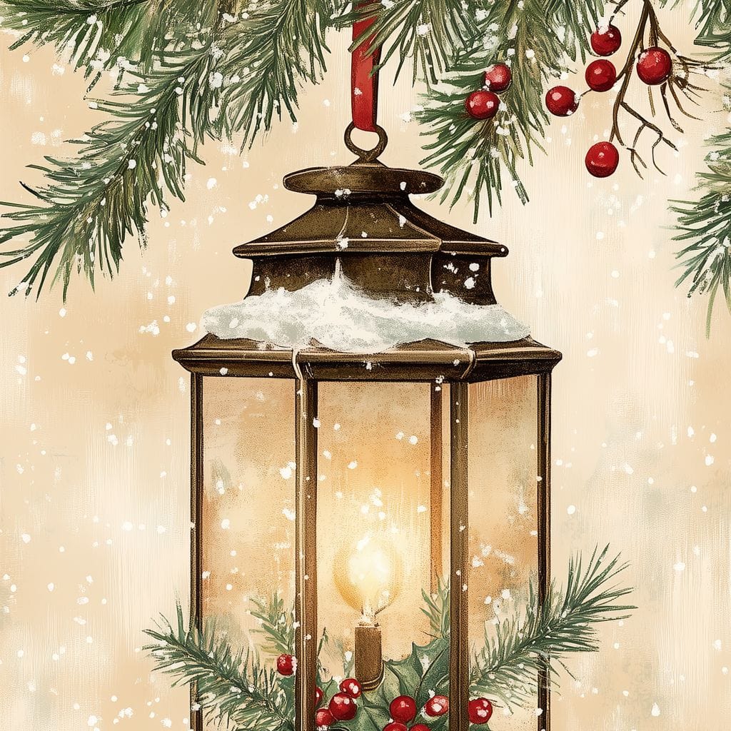 Tablou Canvas Premium LuxCanva® D1059, Felinarul Impodobit , Felinar, Brad, Lumina, Auriu, Casa, Zapada, Living Room, Culori vibrante