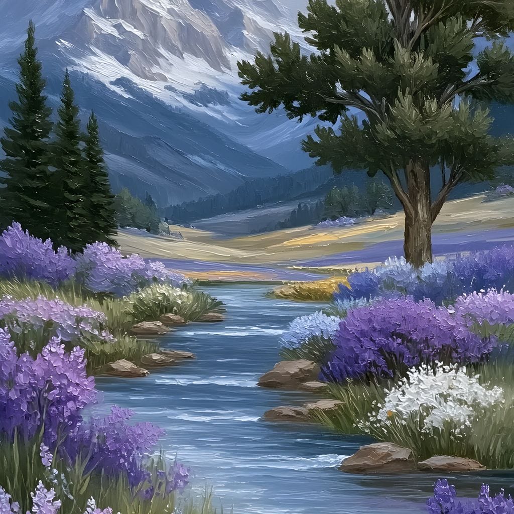 tablou canvas cu un fluture zburand deasupra unui rau cu flori violet, intr-un peisaj montan