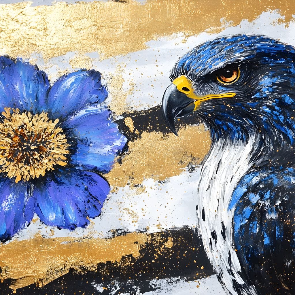 tablou canvas cu un soim albastru langa o floare albastra, pe fundal abstract cu texturi aurii si accente de pictura