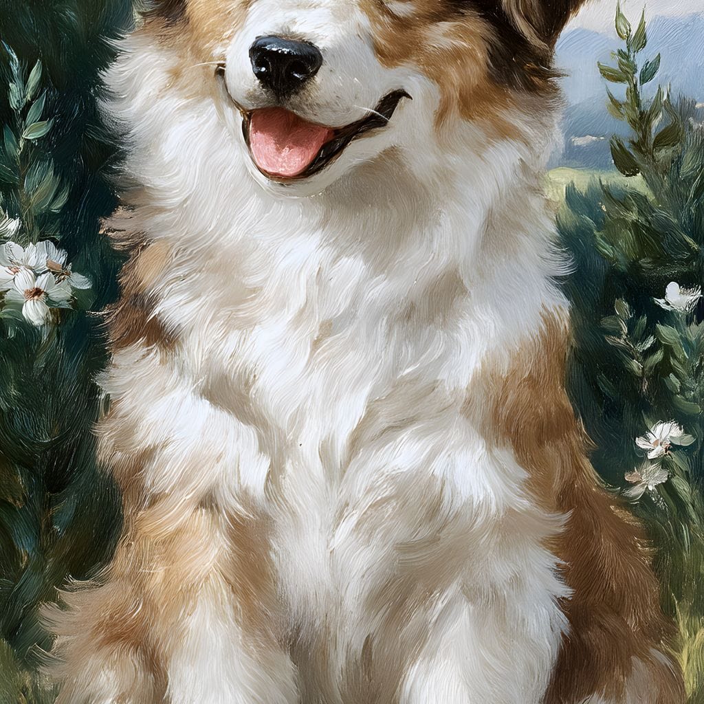 tablou canvas cu un catel blanos, pictat realist in nuante calde de maro si alb, intr-un decor natural cu frunze si flori