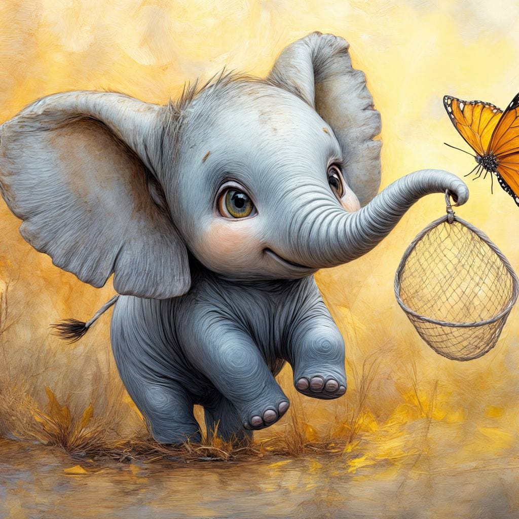 Tablou Canvas Premium, LuxCanva® K1027, Fluturasul si Elefantelul, Zbor, Aventura, Dragalas, Animale, Prietenie, Joaca, Pastel, Gradinita, Cresa, Inocenta, Copilarie, Galben, Camera Copii