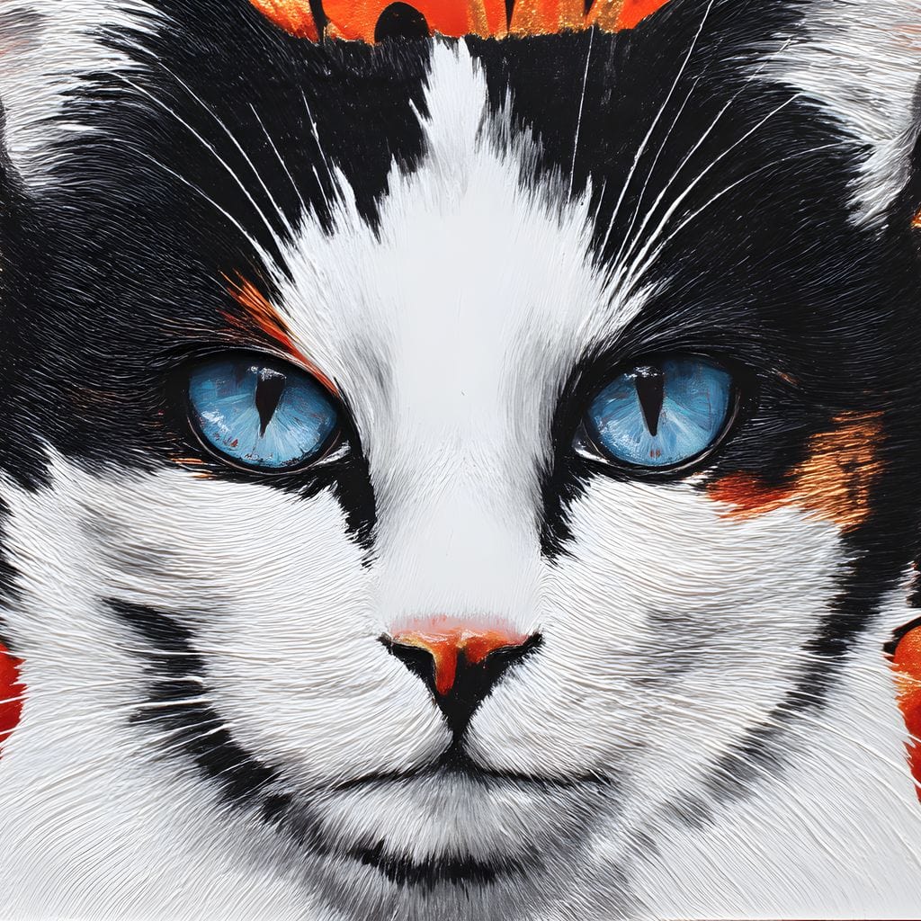 tablou canvas cu un chip de pisica alb si negru, cu ochi albastri pe fundal ornamental abstract cu accente aurii si rosii