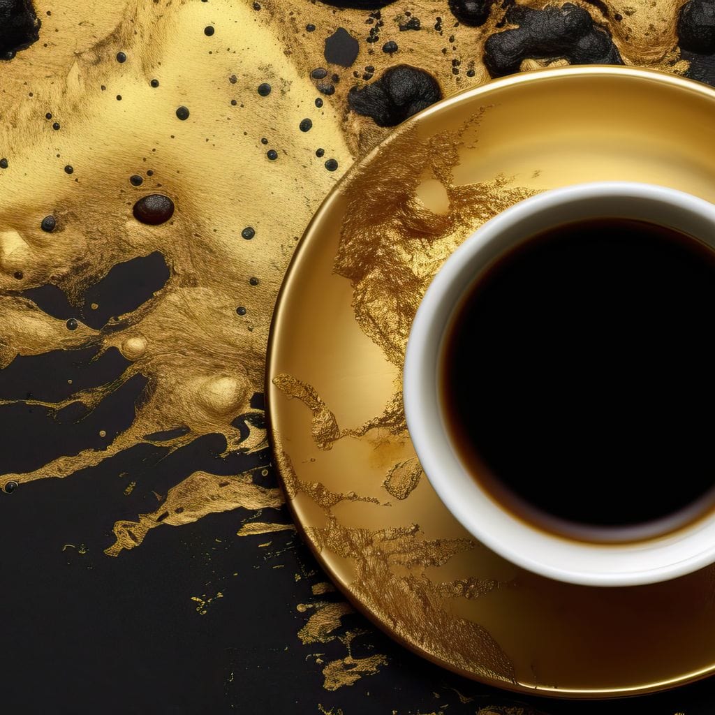 tablou canvas cu o ceasca de cafea espresso, pe o farfurie de aur, pe fundal intunecat cu accente aurii