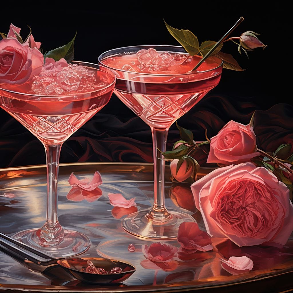 tablou canvas cu doua pahare de cocktail roz, decorate cu trandafiri si petale romantice