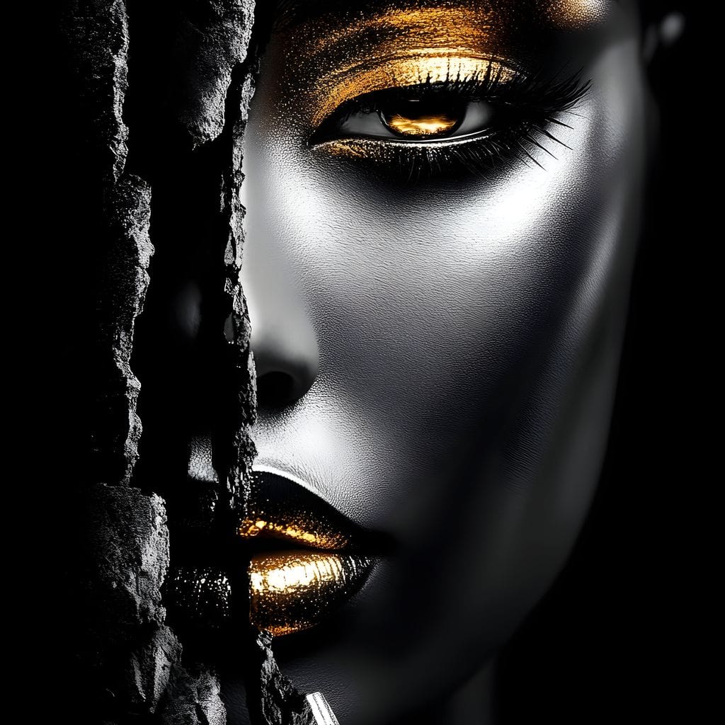 Tablou Canvas Premium, LuxCanva® G1172, Femeia din Abis, Aur, Umbra, Intunecat, Zeitate, Regina, Obscur, Alchimie, Suflet, Ochi, Masca, Tacere, Divinitate, Fashion, Arta, Birou, Living, Dormitor