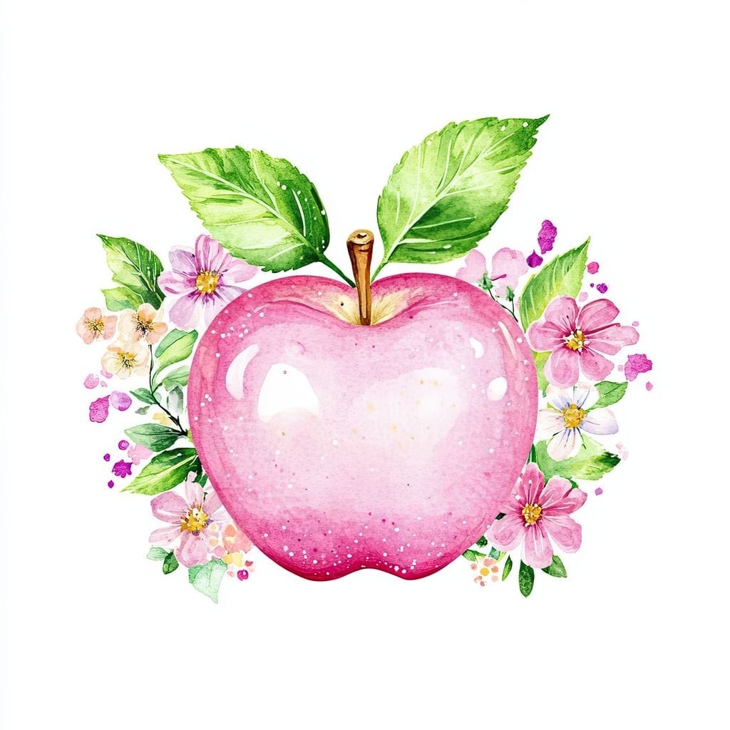 tablou canvas cu un mar roz, inconjurat de flori colorate si frunze verzi pe fundal deschis