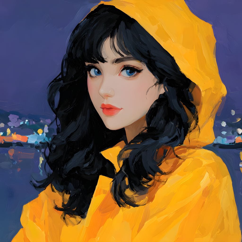 Tablou Canvas Premium, LuxCanva® G1215, Fata din Port, Noapte, Galben, Ploaie, Stele, Safir, Pelerina, Asteptare, Violet, Barci, Oras, Calatoare, Amintire, Speranta, Salon, Birou, Living, Dormitor