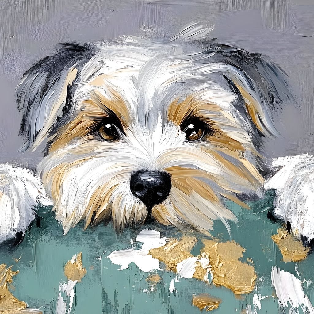 tablou canvas cu un caine pufos si jucaus, ce pandeste peste marginea unei suprafete verzi, cu accente aurii stil pictura